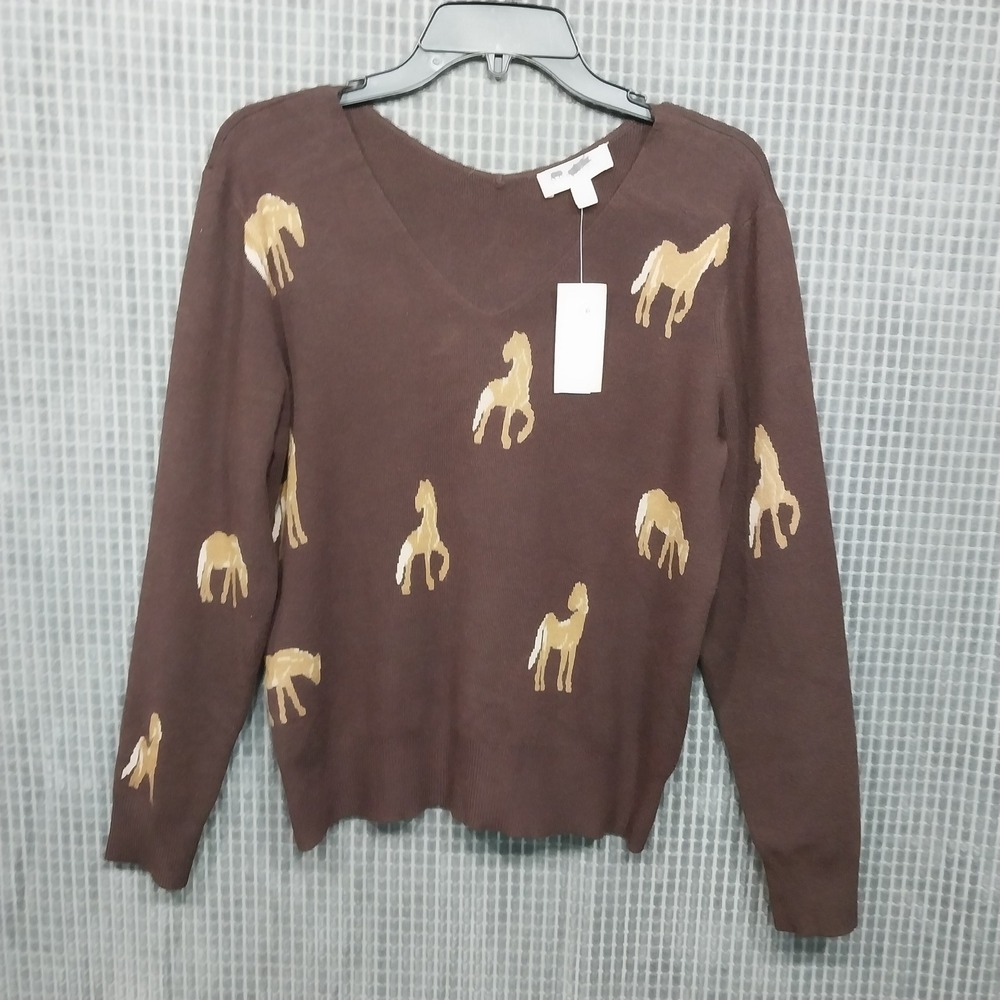 Philosophy Sweater Horse Intarsia Women V-Neck Knit Large Brown